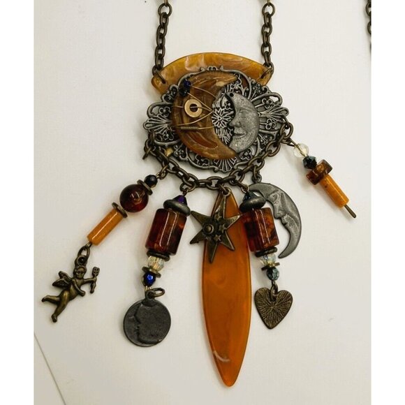 Moon & Stars Necklace Acrylic Steampunk Celestial Charm Gunmetal Chain BoHo Chic - Picture 12 of 16